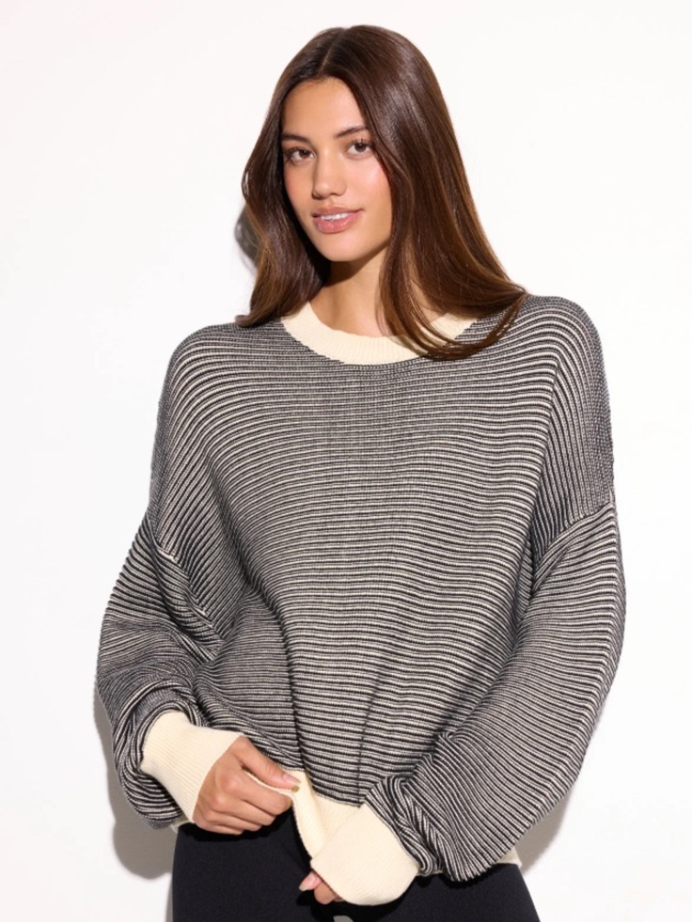 Spiritual Gangster Black & Cream Striped Knit Dropped Shoulder Relax Fit Sweater